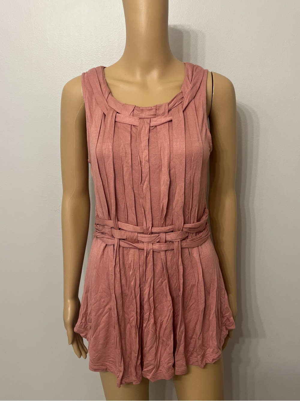 Anthropologie One September Pink Pleats Woven Lattice Detail Scoopneck Tunic S